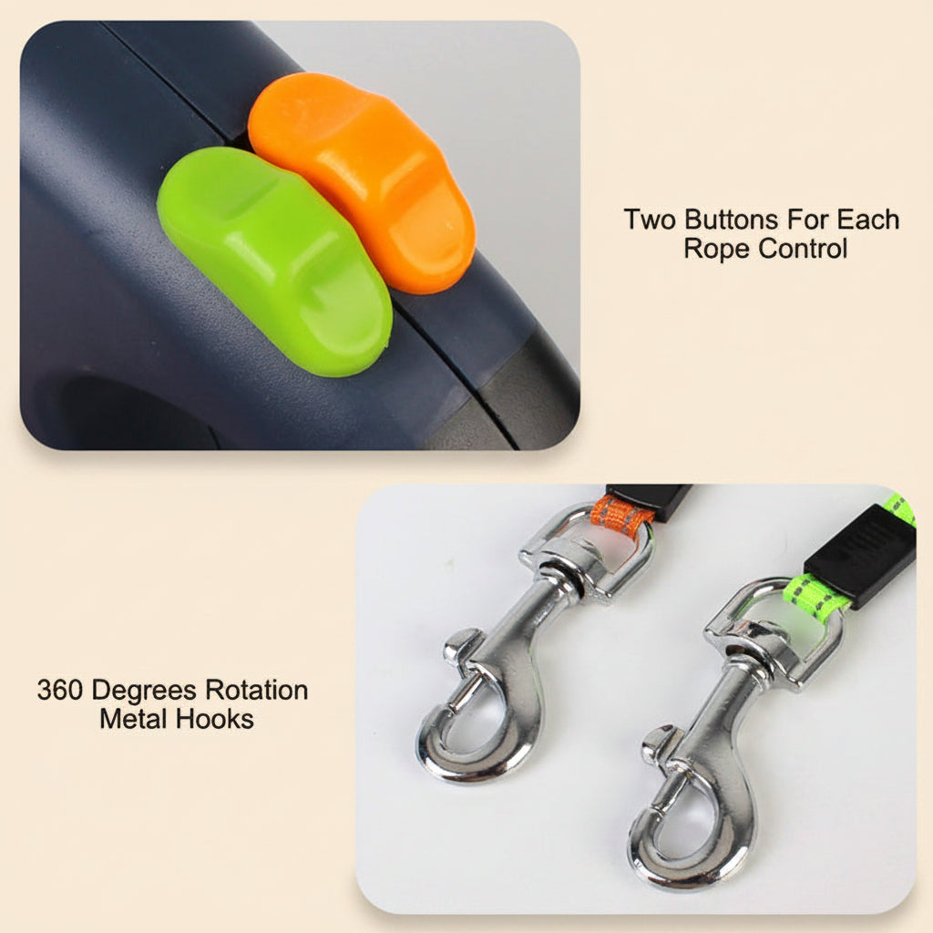 Dual Retractable Dog Leash for 2 Dogs with Light & 360° Swivel