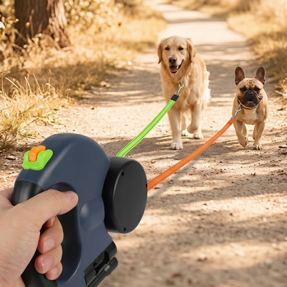 Dual Retractable Dog Leash for 2 Dogs with Light & 360° Swivel