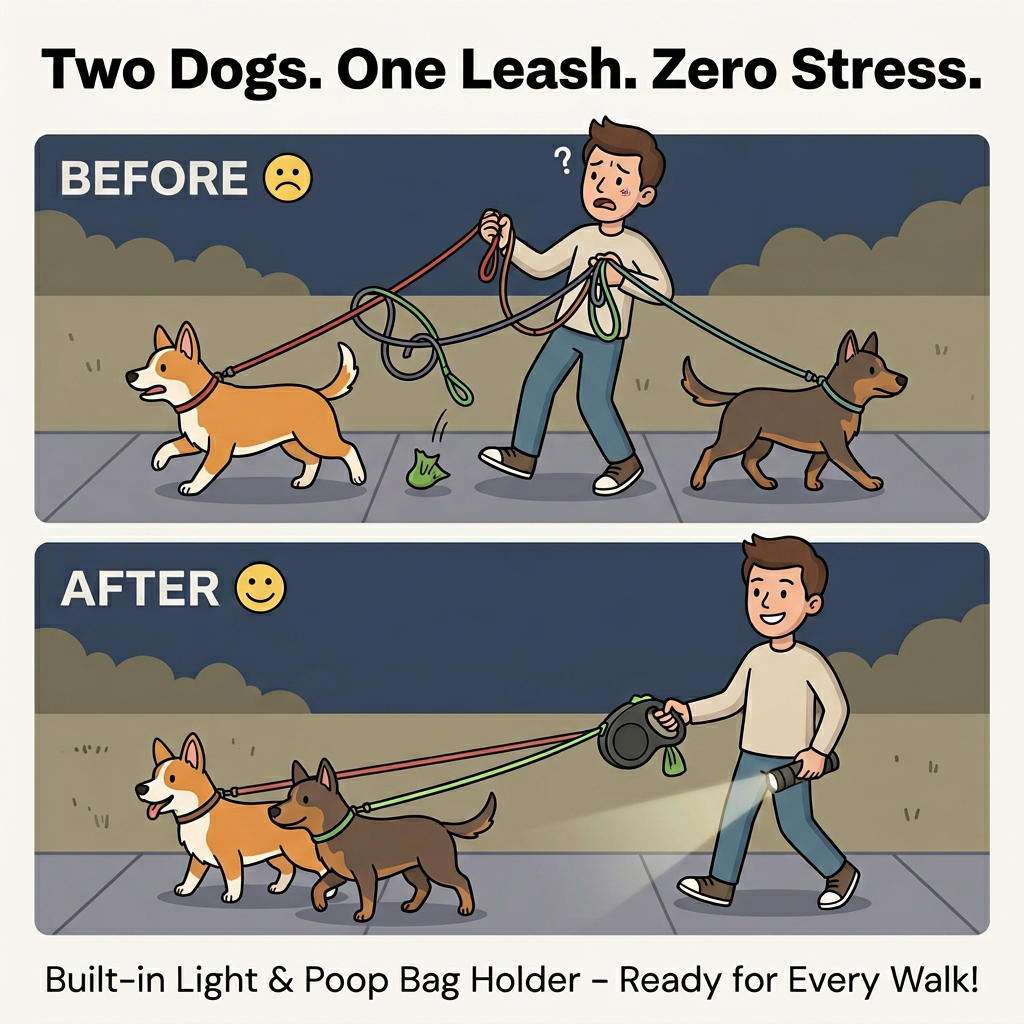 Dual Retractable Dog Leash for 2 Dogs with Light & 360° Swivel