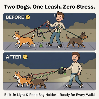Dual Retractable Dog Leash for 2 Dogs with Light & 360° Swivel