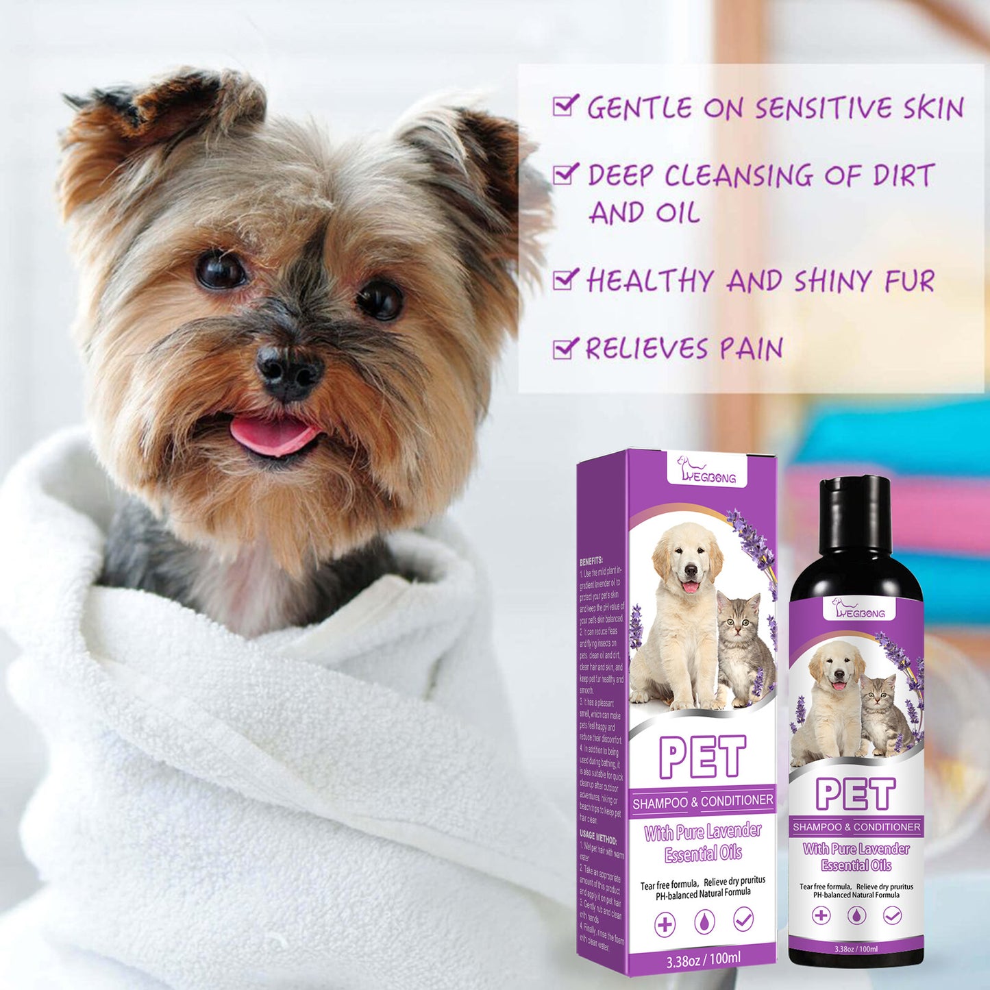 Shampoing Lavande pour Animaux de Compagnie Chats et Chiens Soulage et Adoucit le Pelage